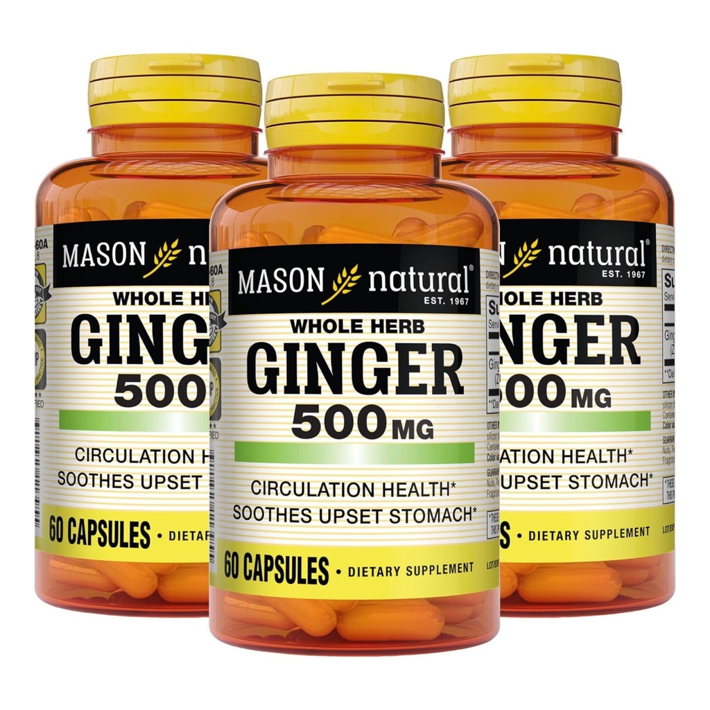 MASON NATURAL Ginger entier à base de plantes 500 mg, 6 mois d'approvisionnement, complément naturel à base de plantes, 60 capsules (3 pack)