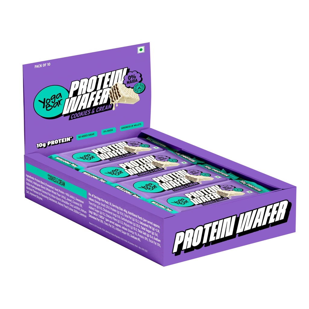 Yogabar 10g Protein Wafer Bars | Cookies & Cream Flavor | 0% Maida | Made with Millets | Crunchy High Protein Bars | 40g Each | Pack of 10