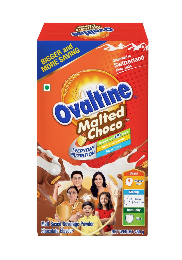 OVALTINE Malted Health Drink Chocolate Flavour Powder, Nutrition Drink Powder, Rich Malt & Cocoa Taste, Tasty Milk Mix Drink, Daily Energy & Growth Beverage for Kids & Adults, 450g (Pack of 1)