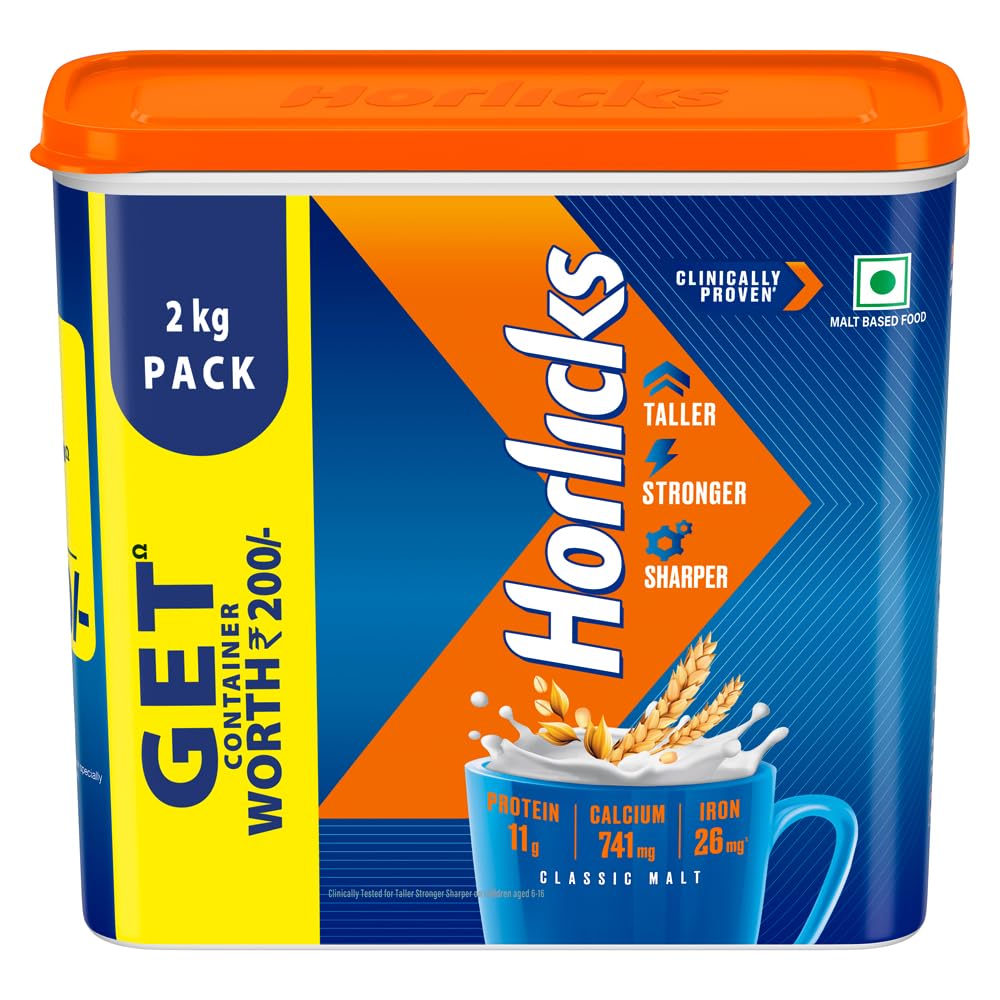 Horlicks Nutrition Drink Container - 2 Kg - Classic Malt - Clinically Proven to make kids Taller, Stronger, Sharper