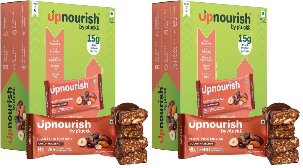 Upnourish by Pluckk | 15G Plant Protein Bar | Cocoa Hazelnut | No Preservative | No Added Sugar | Gut Friendly (Pack of 12) - 300G