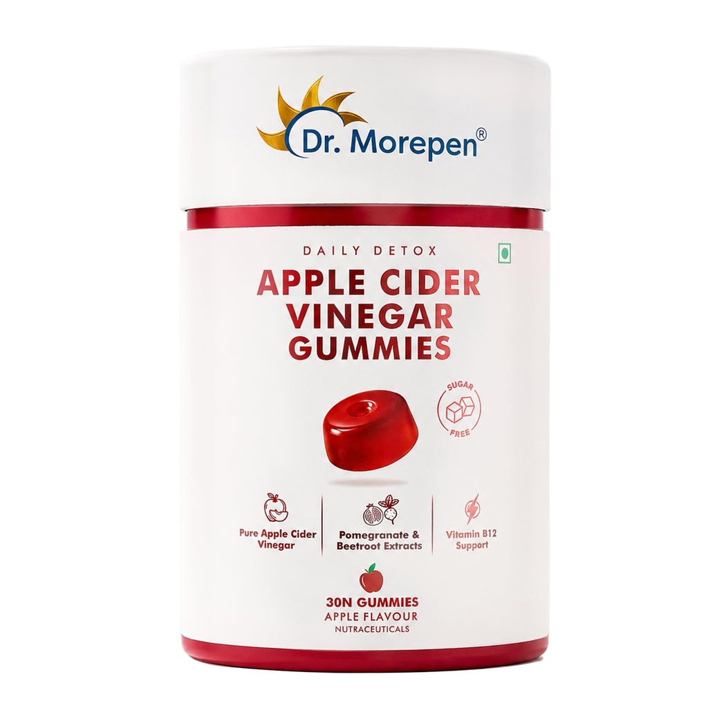 Dr. Morepen Apple Cider Vinegar Gummies with Pomegranate, Beetroot & Vitamin B12, Sugar-Free Daily Detox Supplement – Apple Flavour, 30 Gummies