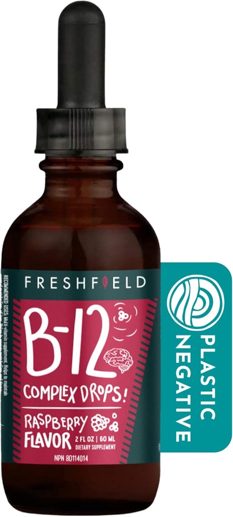 Freshfield Naturals B gouttes complexes: B12, B2, B3, B5 et B6, formule végane-friendly liquide, absorption améliorée de 1200 mcg de méthylcobalamine.
