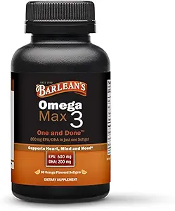Barlean's Ideal Omega Max 3 suppléments d'huile de poisson, 1000 mg de softgels, EPA et DHA pilules acides gras pour les hommes et les femmes, orange saveur, 60 comte