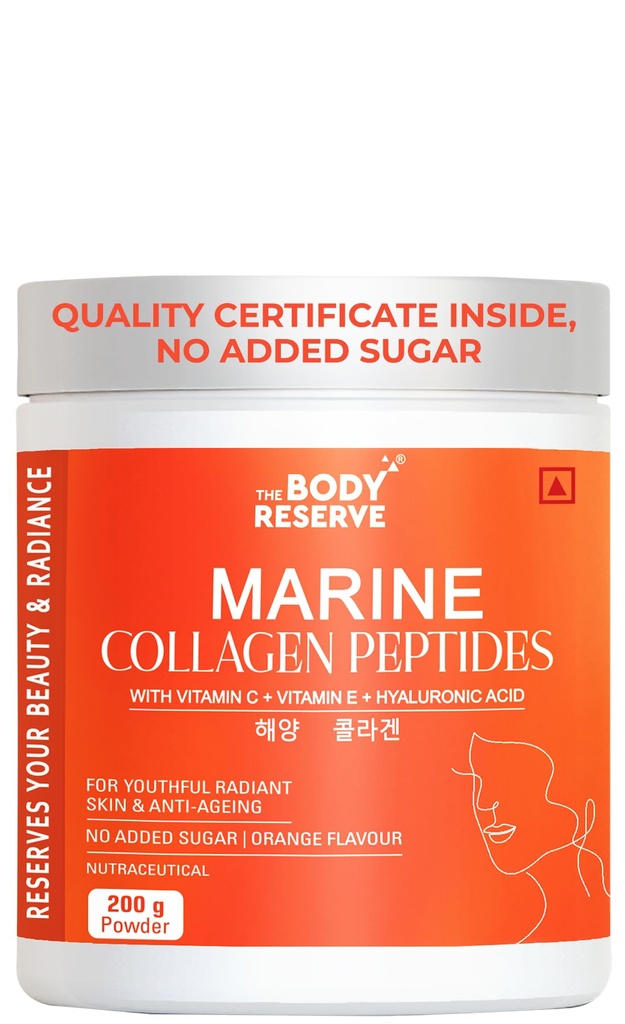 The Body Reserve Marine Collagen Peptides (Orange, 200g) | With Vitamin C, Vitamin E, Sodium Hyaluronate & Biotin | Supplement for Healthy Skin, Hair & Nails | Hydrolyzed Fish Powder for Women & Men