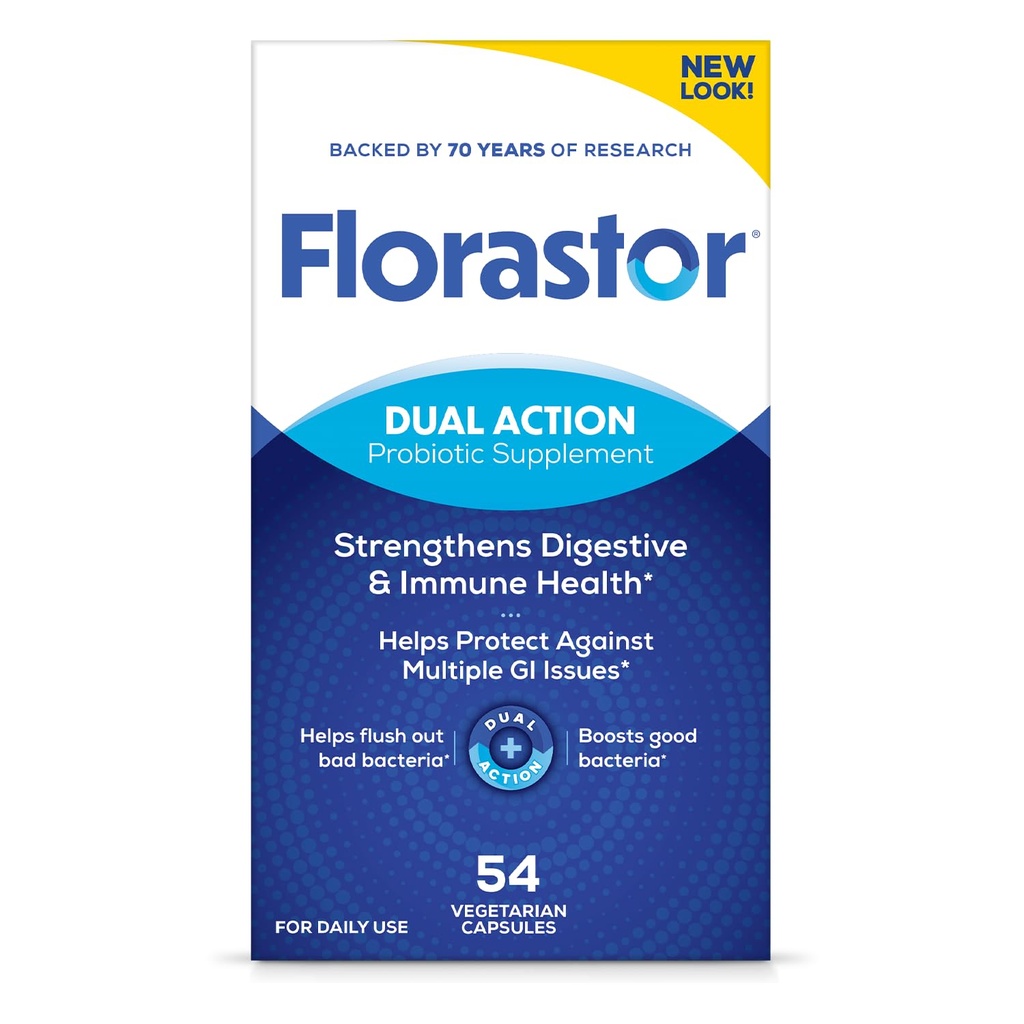 Florastor Probiotica voor spijsverterings- en immuungezondheid, 54 Capsules, Probiotica voor vrouwen en mannen, Helpt Flush Out Bad Bacteriën, Boosts The Good met onze stam Saccharomyces Boulardii, verpakking mei Vary