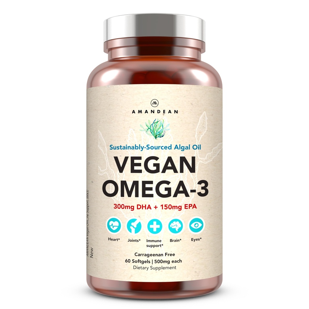 AMANDEAN Vegan Omega 3 Supplement. Premium Fish Oil Alternative. Algen DHA & EPA. Carrageenan Free Softgels. Algal Essentiële vetzuren. Plant gebaseerd hart, hersenen, oog, huid, immuunondersteuning. (60ct)