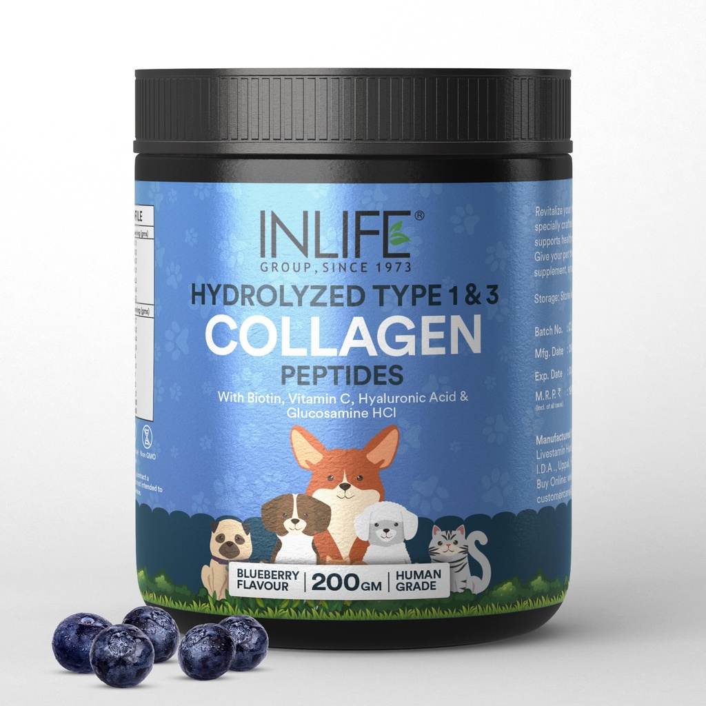 INLIFE Collagen Peptides Supplement Dogs Cats, Glucosamine, 200g Blueberry