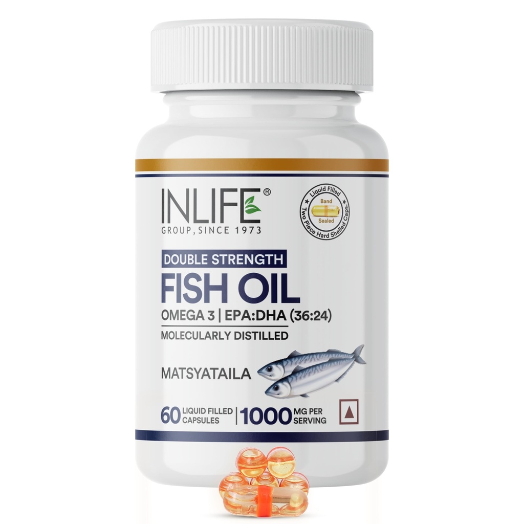 INLIFE Fish Oil Omega 3 Supplement 1000mg, Double Strength, 60 Caps