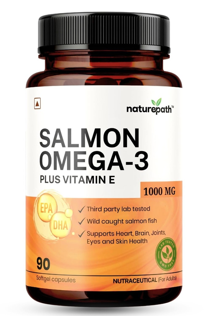NaturePath Salmon Omega 3 Fish Oil 1000mg with EPA 180mg & DHA 120mg - Omega 3 + Vitamin E - Supports Heart, Brain, Joint & Eye Health - No Fishy Aftertaste - 90 Softgel Capsules
