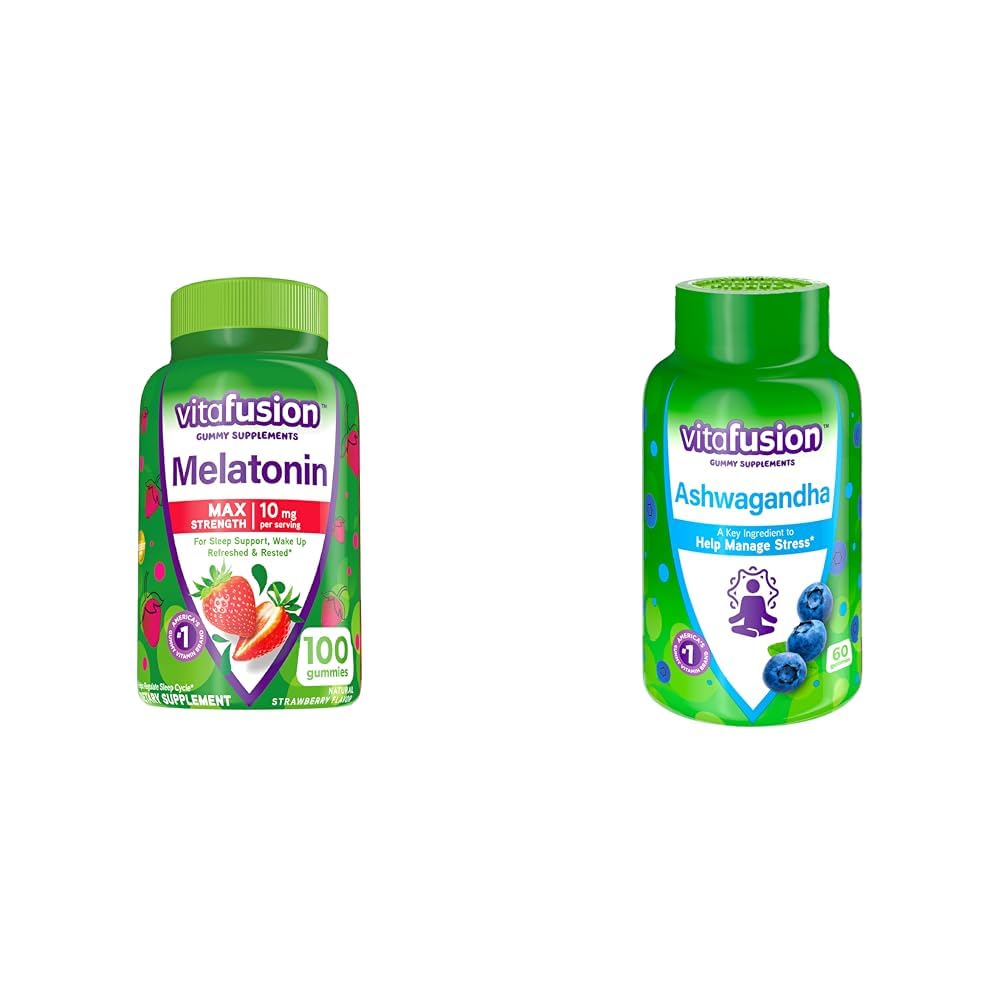 Vitafusion Max Strength Melatonine Gummy Supplementen, 100 Graaf Ashwagandha Gummies, 60 Tellen