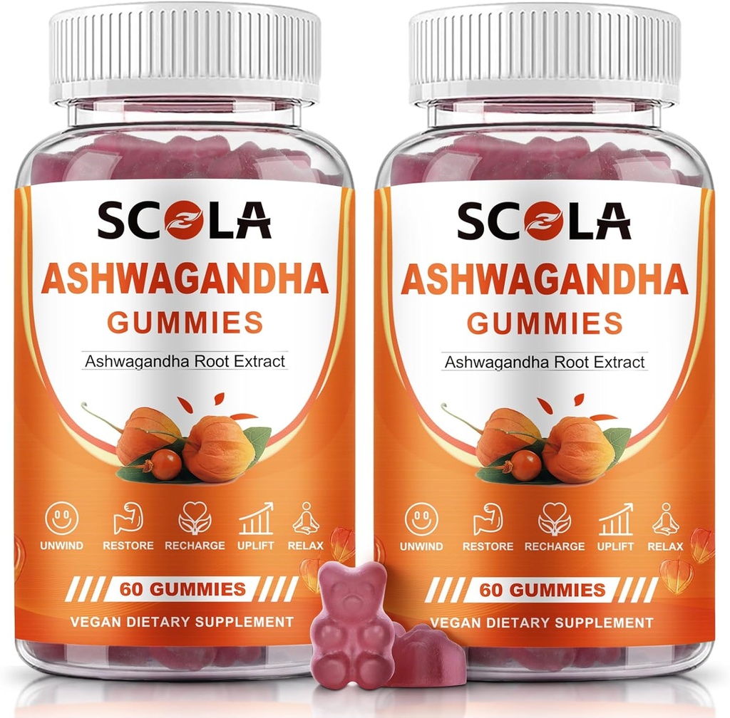Ashwagandha Gummies, Kalm Gummies met Ashwagandha Root Extract Vitamine D Zink, Ashwagandha Supplement voor Slaapstress Balance, Vegan, Non-GMO, Glutenvrij, 120 Tel.
