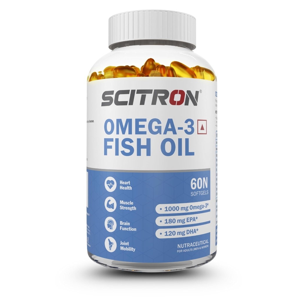 Scitron Omega-3 Fish Oil 1000mg | 180mg EPA & 120mg DHA | Supports Heart, Brain, Joint & Eye Health | High Purity Fish Oil Softgels | 60 Softgels | For Men & Women