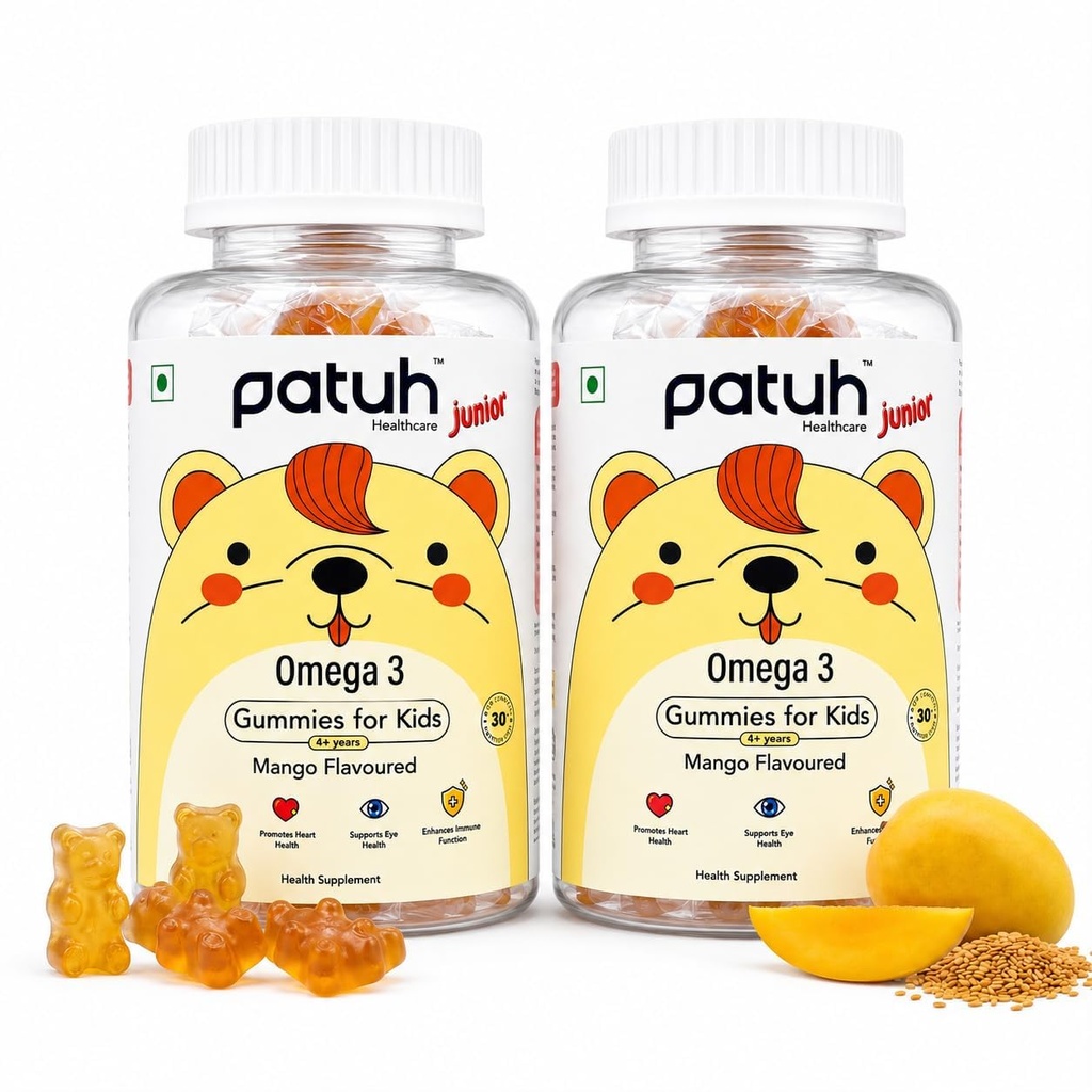 Junior Omega 3 Kids Gummies (4+ Years), Supports Brain Development, Memory, Focus & Immunity, DHA Omega 3 Supplement for Kids, 100% Veg (Mango Flavour, 60 Gummies)