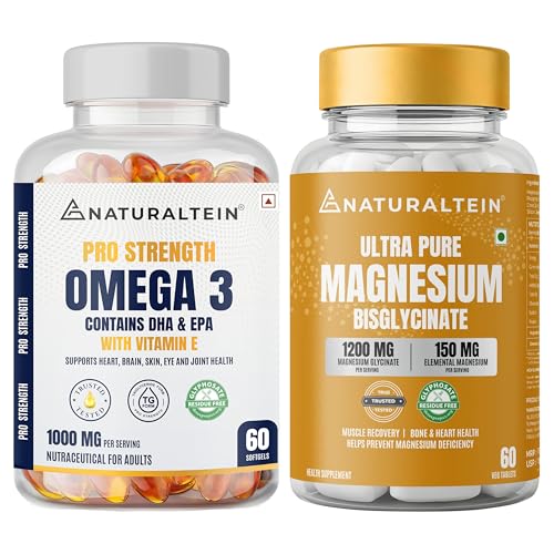 Naturaltein Omega 3 Fish Oil 1000mg (60 Softgels) + Naturaltein Magnesium Glycinate 1200mg 60 Tablets | Heart Health, Brain Support, Muscle Relaxation & Sleep Support Combo