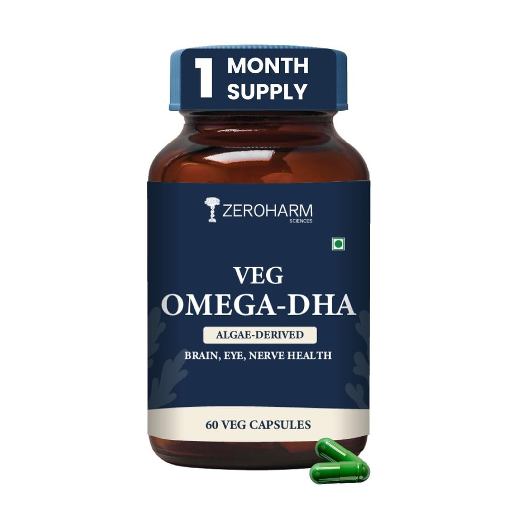 Zeroharm Veg Omega DHA Capsules 400mg | Plant-Based Omega-3 from Algae (Not Fish Oil) | Supports Brain, Heart, Eye & Joint Health | Veg Omega 3 DHA Supplement for Men and Women | 60 Capsules
