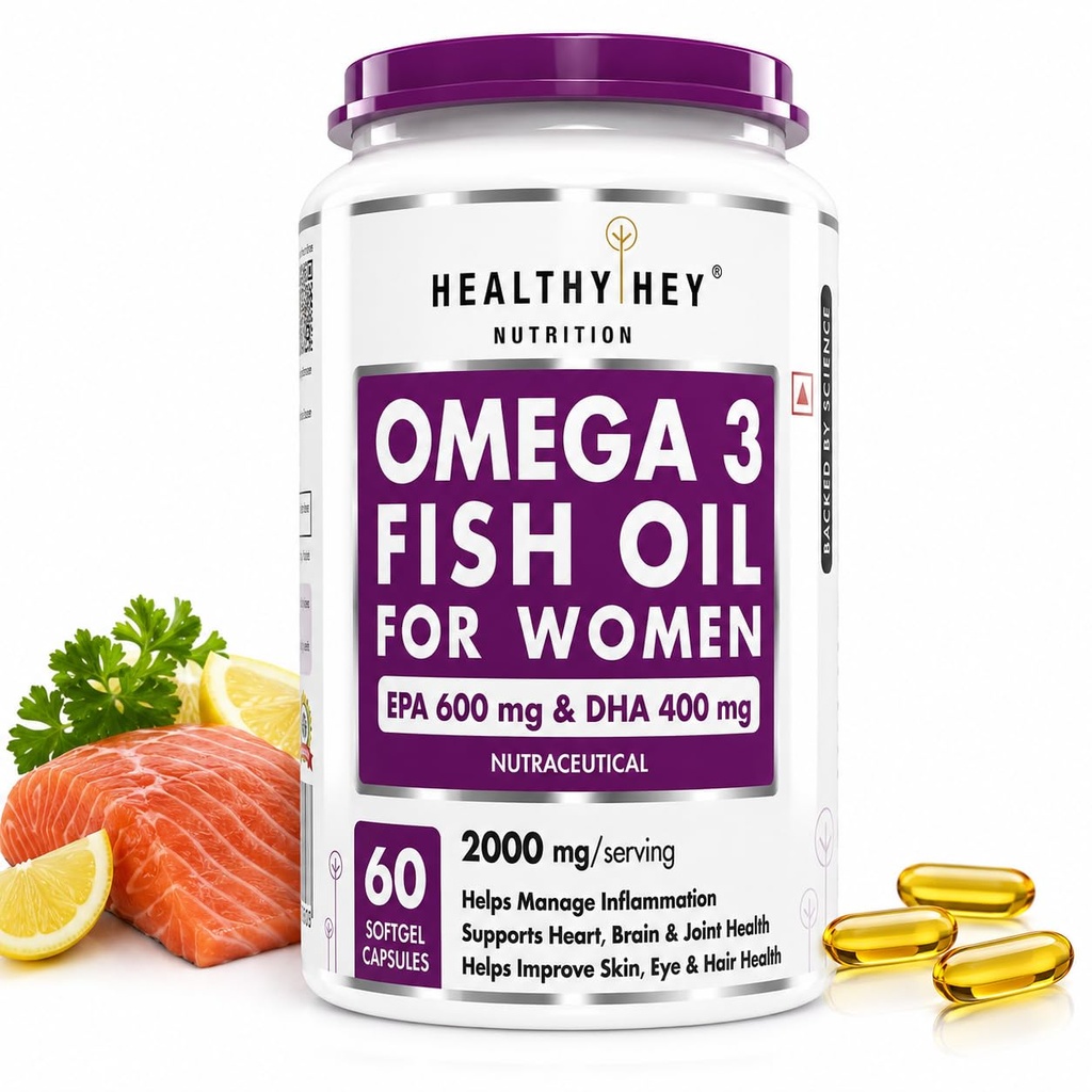HealthyHey Nutrition Omega 3 Fish Oil for Women - 2000 Mg/serving - 60 Softgel Capsules (600 EPA & 400 DHA)