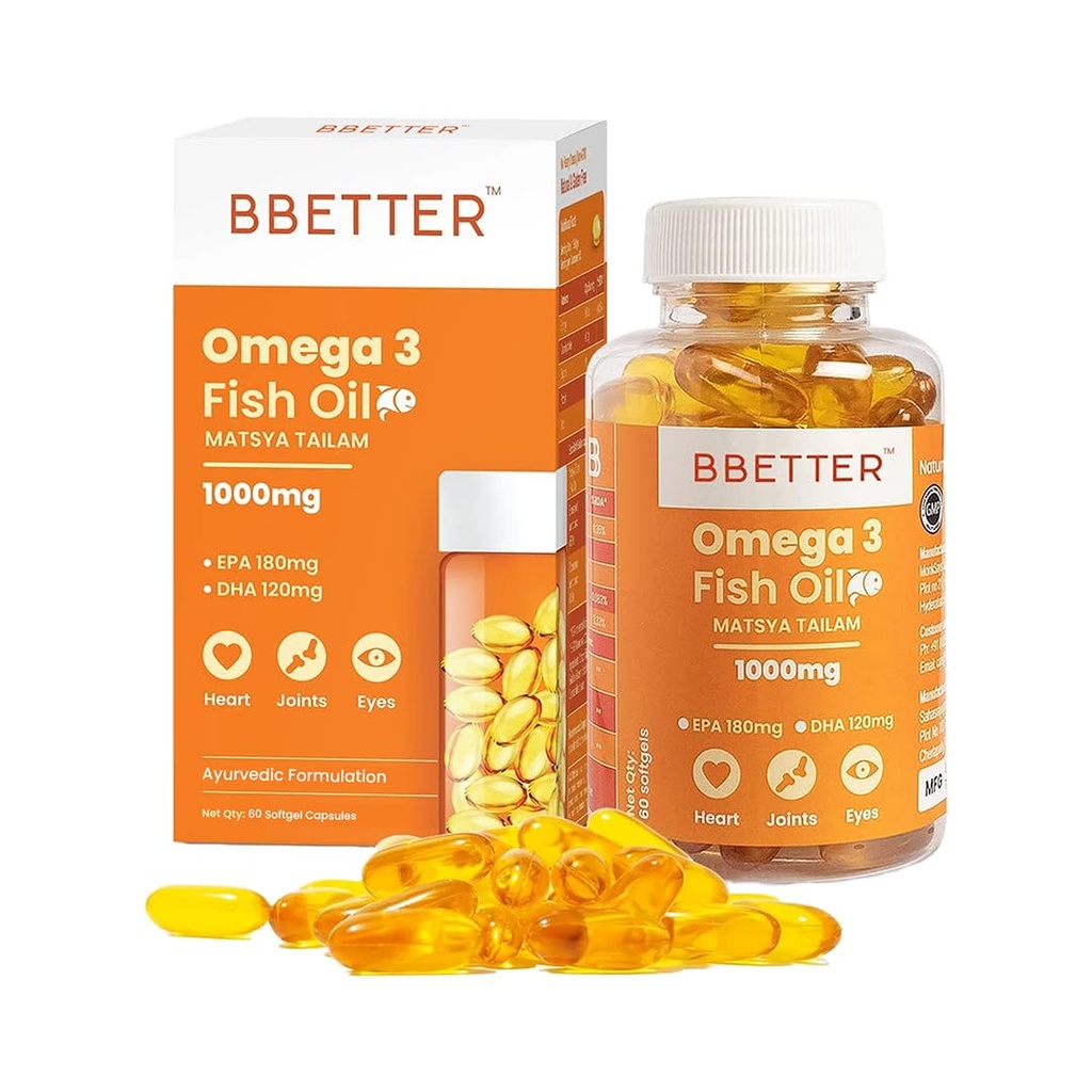 BBETTER Omega 3 Fish Oil Capsules 1000mg | Lab Tested Fish Oil Capsules | Lab Report Attached |High Absorption for Heart, Joints, Eyes & Brain | No Fishy Burps |180 EPA :120 DHA | 60 Softgels