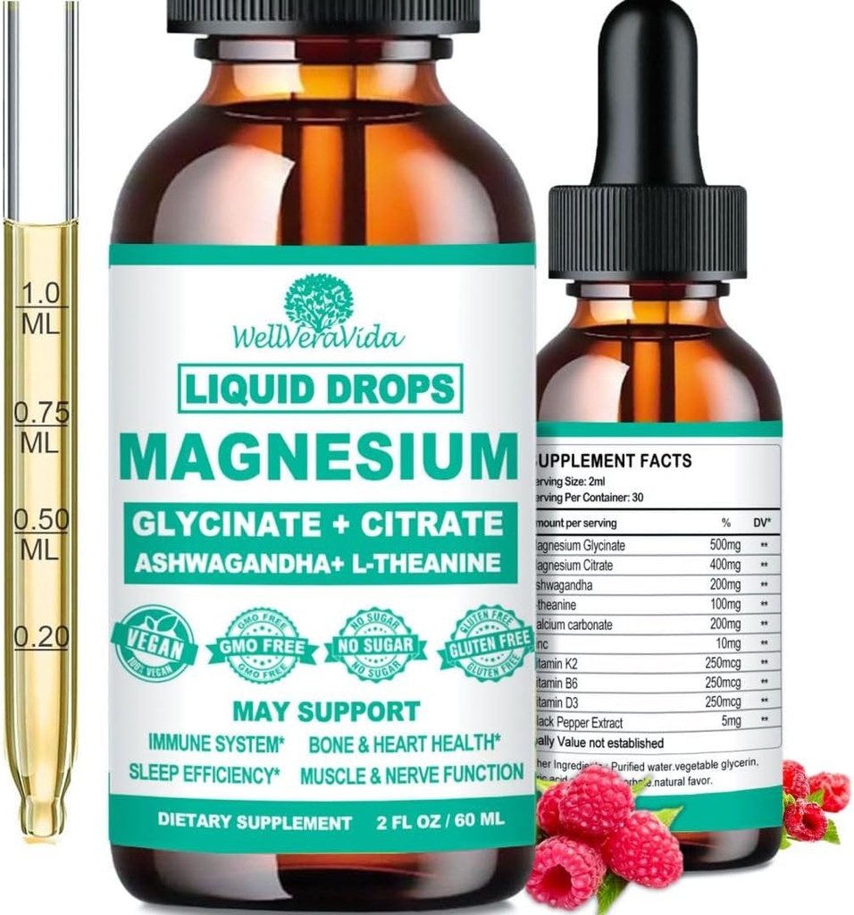 Magnesium Glycinate 500mg, Kalm Magnesium Glycinate, Citrate met vitamine D3 K2 B6 Ashwagandha, L-Theanine, Chelate Magnesium Complex Supplement Liquid Drops for Immune Sleep Bone Mood Nerve Health