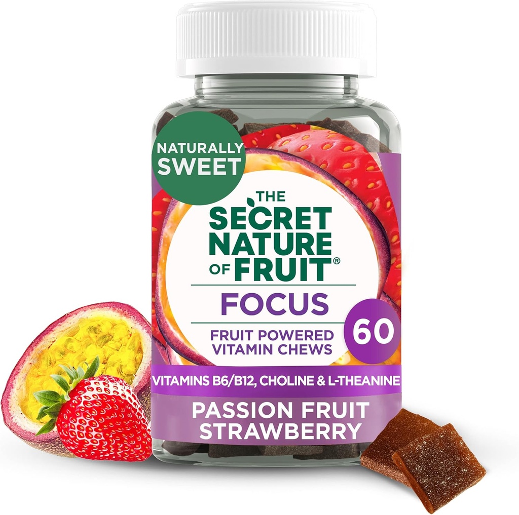 The Secret Nature of Fruit Focus Chews, Real Fruit Powered Vitamin Chews with Vitamins B6 & B12, Choline, L-Theanine, Passion Fruit & Strawberry for Mental Clarity, Gummy (60 Count)