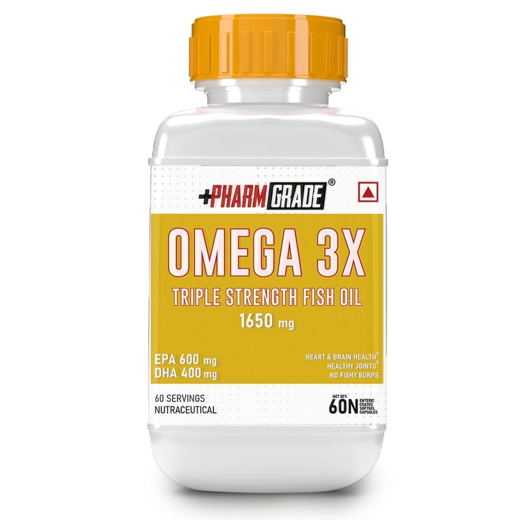 Pharmgrade Omega 3X Fish Oil - 1650mg Fish Oil with EPA 600mg and DHA 400mg - Supports Muscle Recovery, Heart Health, Hair, Joints, Eyes and Brain - 60 Capsules