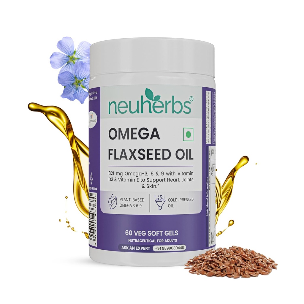 Neuherbs Flaxseed Oil Omega 3 6 9 Capsules 1000mg For Men & Women | Cold Pressed Flaxseed Oil Veg Omega-3 Supplement With Vitamin D3 & E | Supports Heart, Joint & Skin Health - 60 Softgels