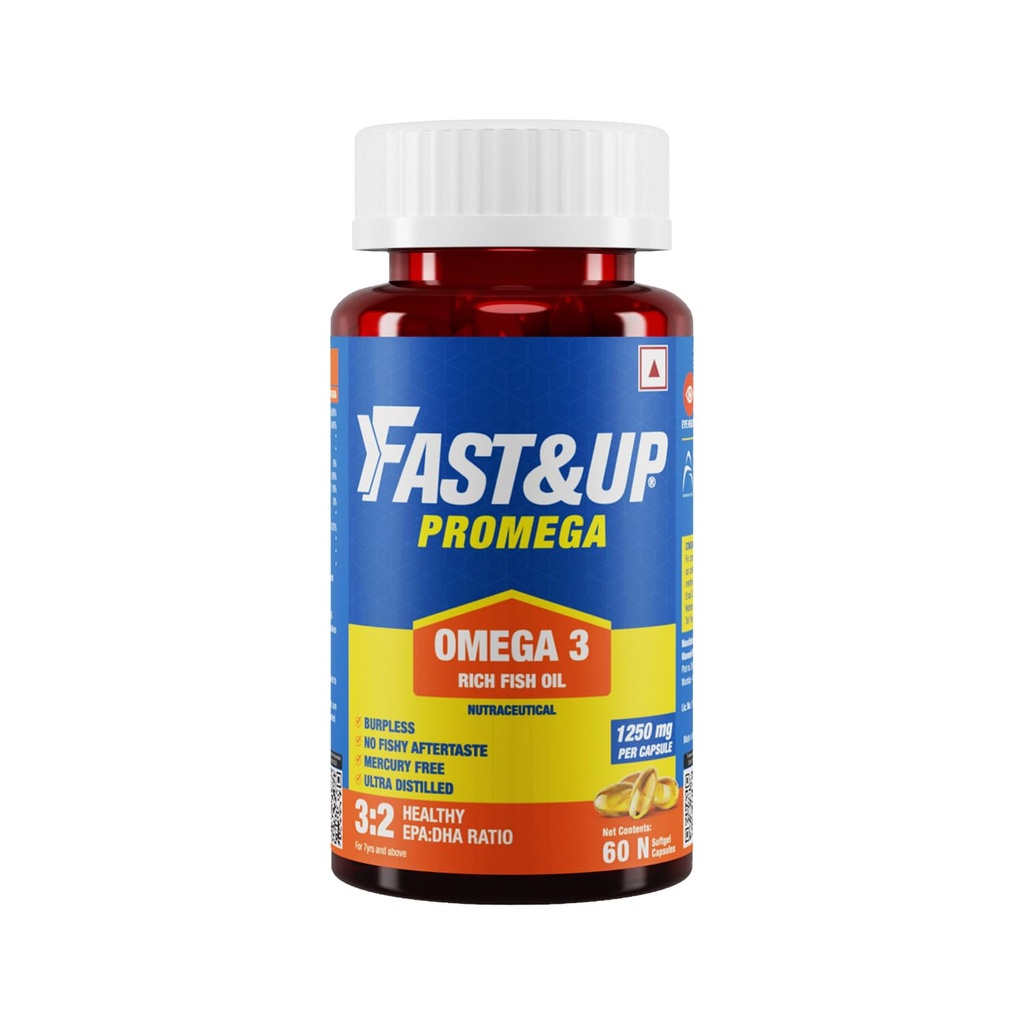 Fast&Up Promega with Double Strength 1250 mg Omega-3 Rich Fish Oil 60 Capsules | High 375 mg EPA & 250 mg DHA Ratio (3:2) for Heart, Eyes, Joints & Brain Health | No Fishy Aftertaste, Smell or Burps