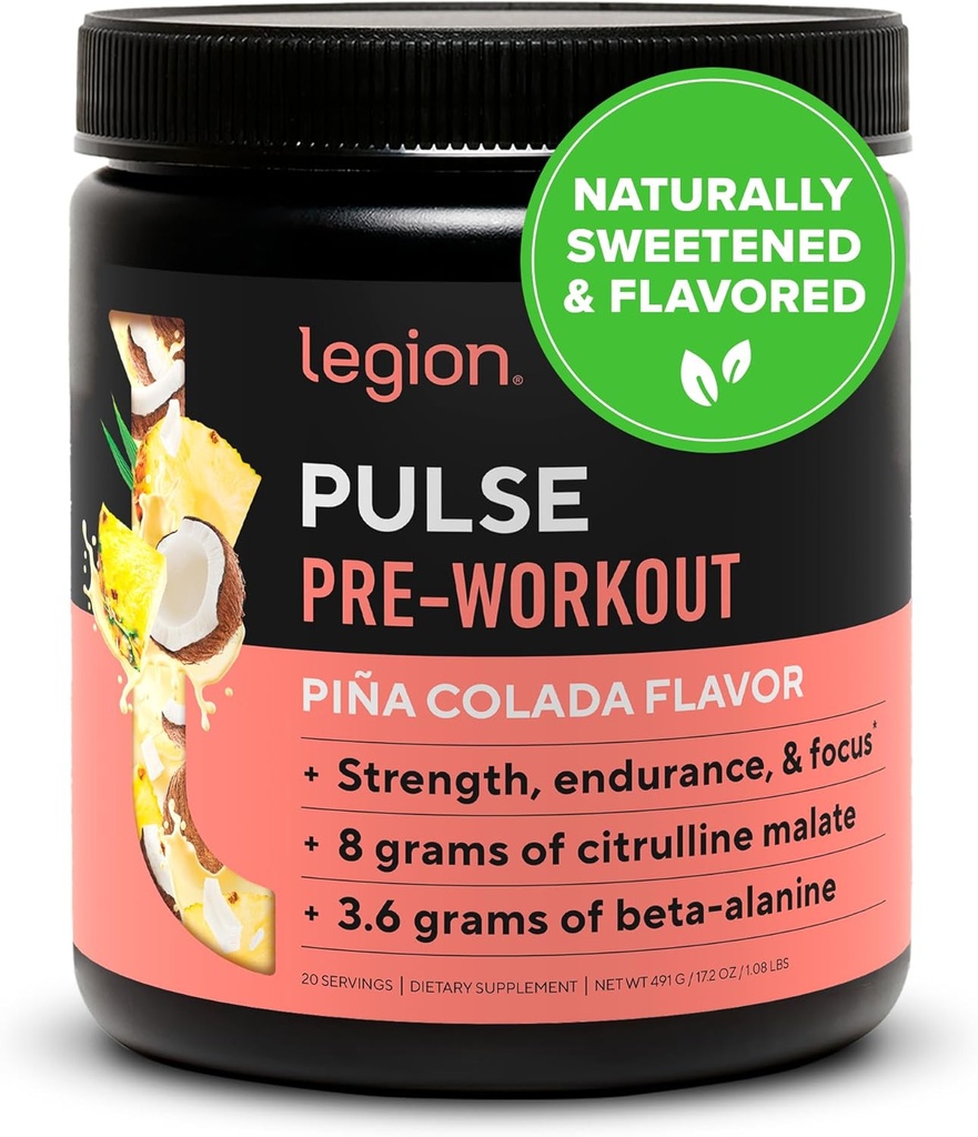 LEGION Pulse Pre Workout - Alle natuurlijke Nitrik Oxidatie Voorworkout Drink om energie te stimuleren, Creatine Vrij, Natuurlijk Gezoet, Beta Alanine, Citrulline, Alpha GPC (Pina Colada)