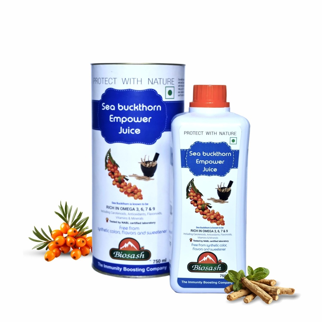 Biosash Himalayan Sea Buckthorn EMPOWER Juice 250ml | Certified Organic, Cold-Pressed | Omega 3 6 7 9, Vitamins & Antioxidants | With Ashwagandha, Shatavari, Safed Musli, Kaunch Beej | No Added Sugar | 50 Serves