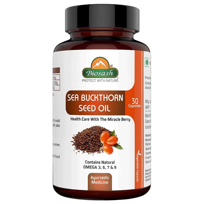 Biosash Sea Buckthorn Seed Oil Capsules 30 Caps | CO2 Extracted from Certified Organic Berries | Omega 3 6 7 9 | Liver Health | Rich in Antioxidants & Vitamins | Skin, Hair, Immunity & Wellness