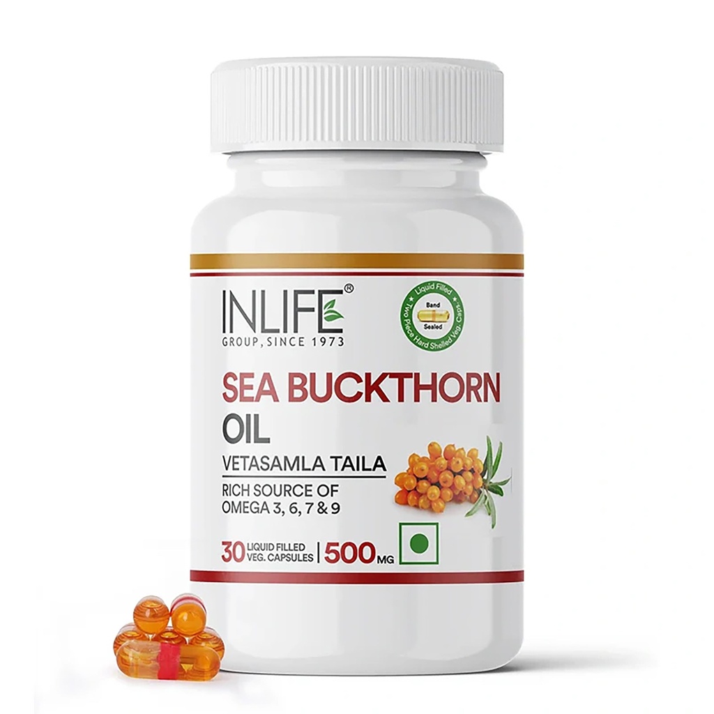 INLIFE Sea Buckthorn Oil Capsules 500mg, Omega 3 6 7 9, 30 Veg Capsules