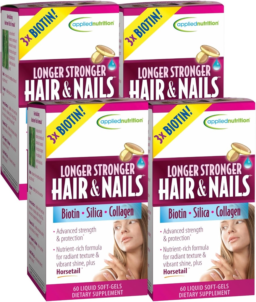Toegepaste voeding Langer Sterker haar & Nails - 60 Liquid Soft-Gels, Verpakking van 4 - Biotine, Silica & Collageen - 120 porties