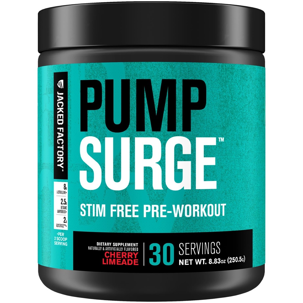 Ge Jacked Factory Pumpsurge Cafeïne Gratis pre-workout voor mannen en vrouwen - Nootrope Booster & Stim Free Pre-workout - Intense Pumps, Enhanced Focus - 30 Servers, Cherry Limeade