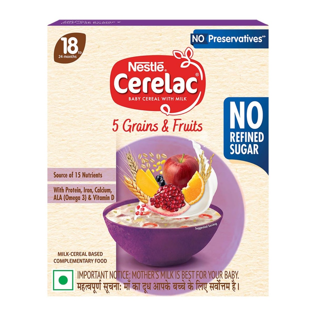 Nestlé CERELAC Baby Cereal 5 Grains & Fruits, No Refined Sugar STG-5, 300g