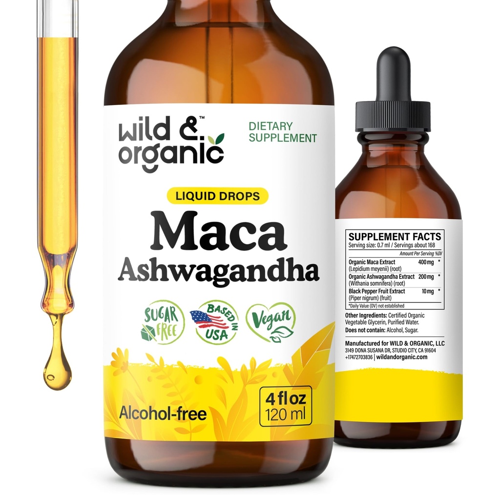 Racine de maca sauvage et biologique Ashwagandha gouttes pour les hommes et les femmes - supplément de maca liquide Ashwagandha pour le soutien global - Teinture extrait péruvienne - végétalien, sucre et sans alcool - 4 fl oz