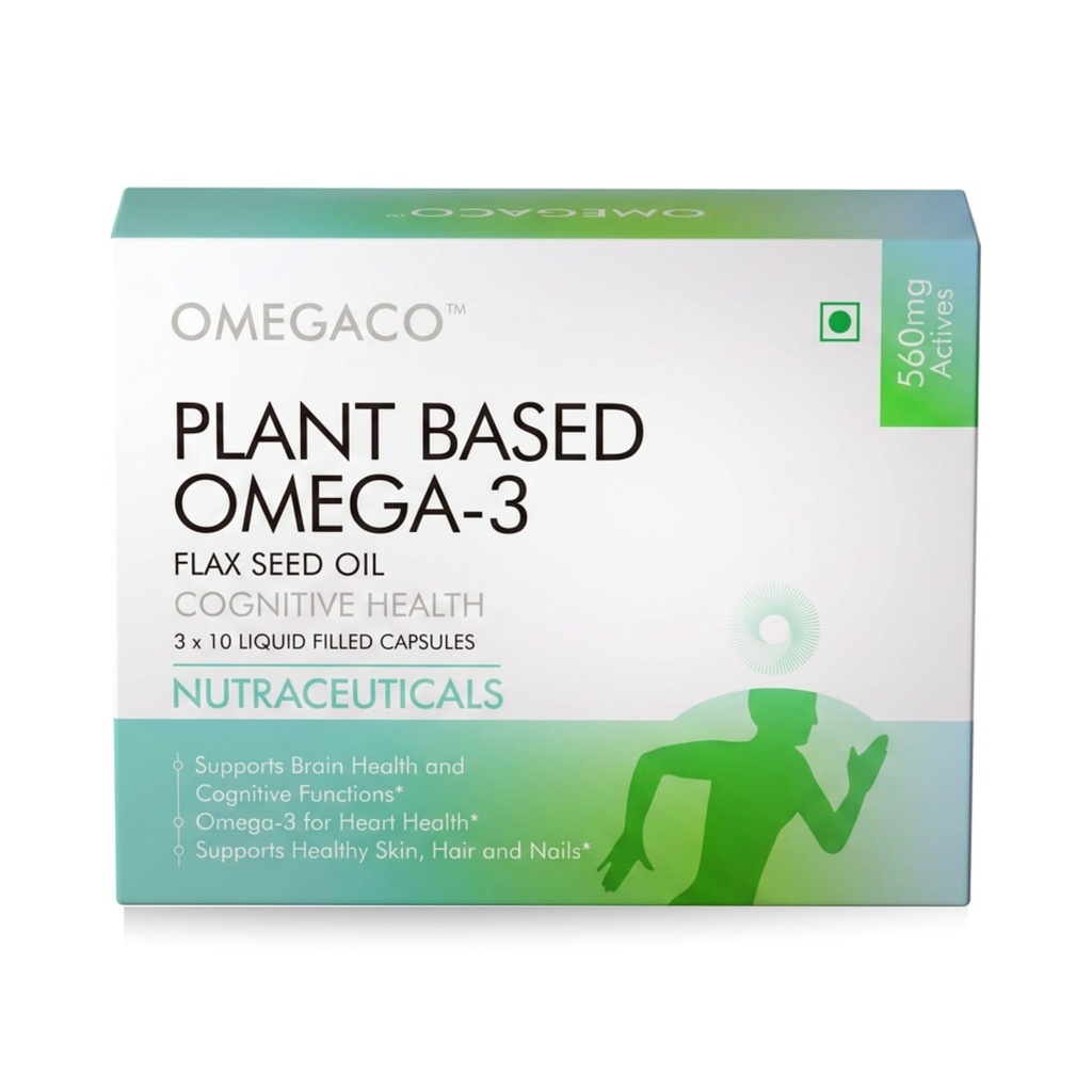 Omegaco Omega-3 Vegetarian Supplement | 30 Capsules | 560 mg Cold-Pressed Flaxseed Oil | Plant-Based ALA for Heart, Brain & Joint Health | Non-GMO, Preservative-Free | Excelgenics
