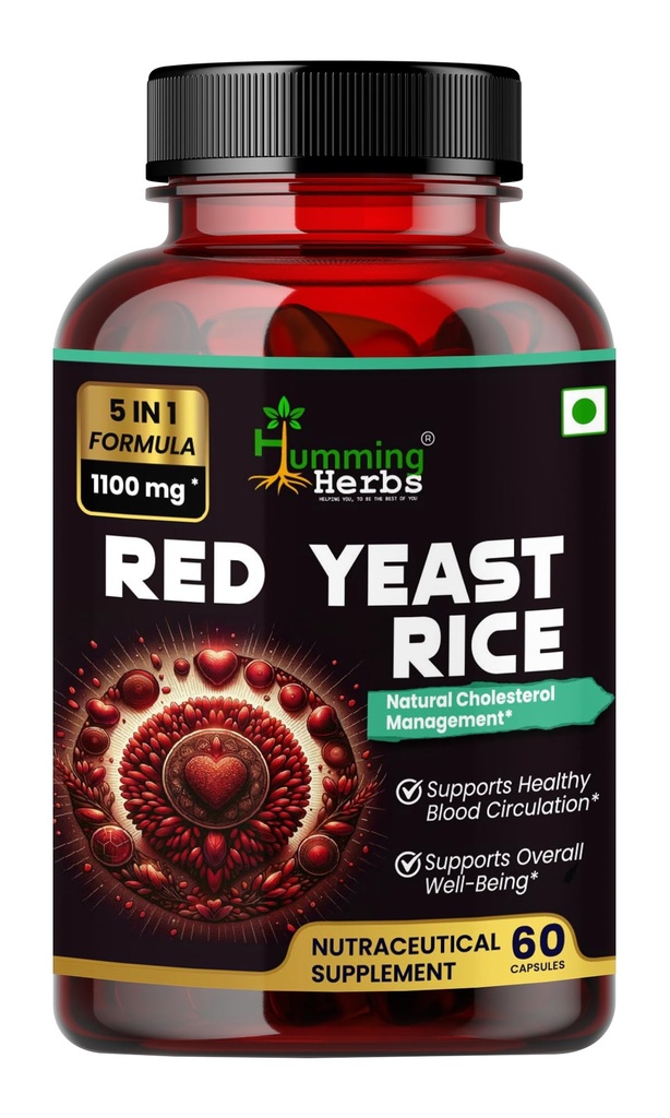 Humming Herbs Red Yeast Rice 500mg Capsules - Natural Cholesterol Support with CoQ10, Policosanol, Lycopene & Beta-Sitosterol - Promotes Heart Health & Blood Circulation - Vegan, Non-GMO
