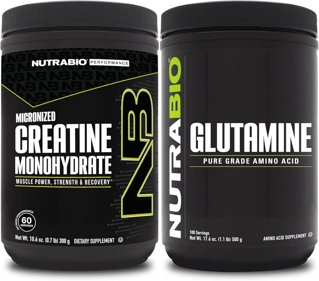 NutraBio Creatine Monohydraat Supplement, Unflavored, (300g) en L-Glutamine Poeder, (500g) 
