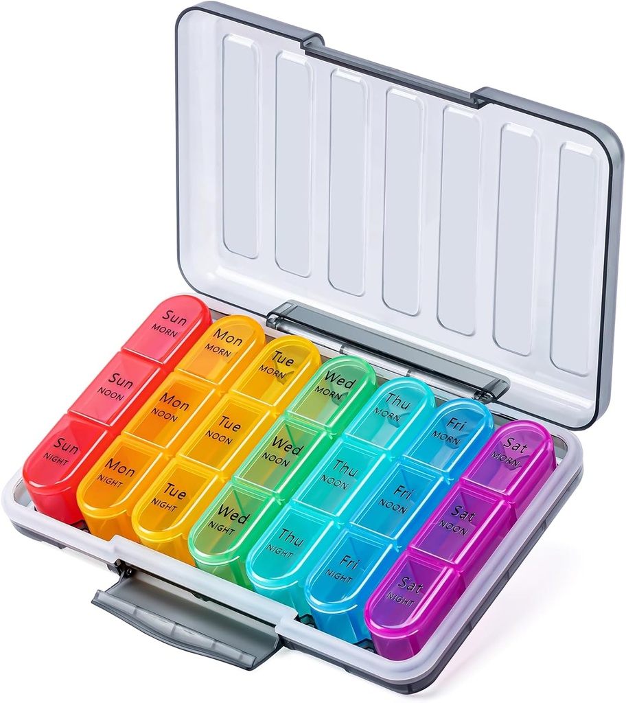 Odaro Pill Organizer 3 keer per dag - Portable Weekly Medicine Box met 7 aparte containers, Reizen 7 dagen pil Box, Zwart