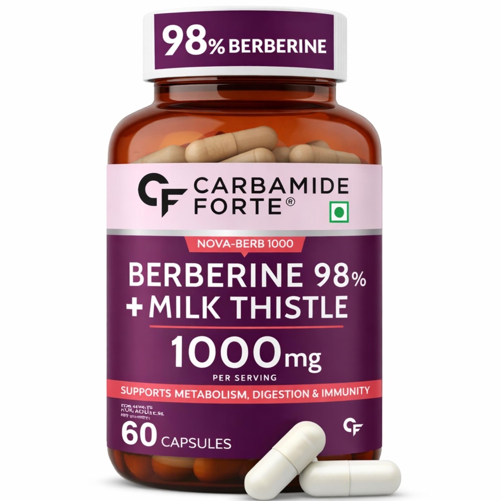 Carbamide Forte 98% Berberine supplements with Milk Thistle | 1000mg Berberine HCl per Serving for Metabolism, Digestion, Liver Detox & Immunity Support | High Potency Berberine HCl – 60 Veg Capsules