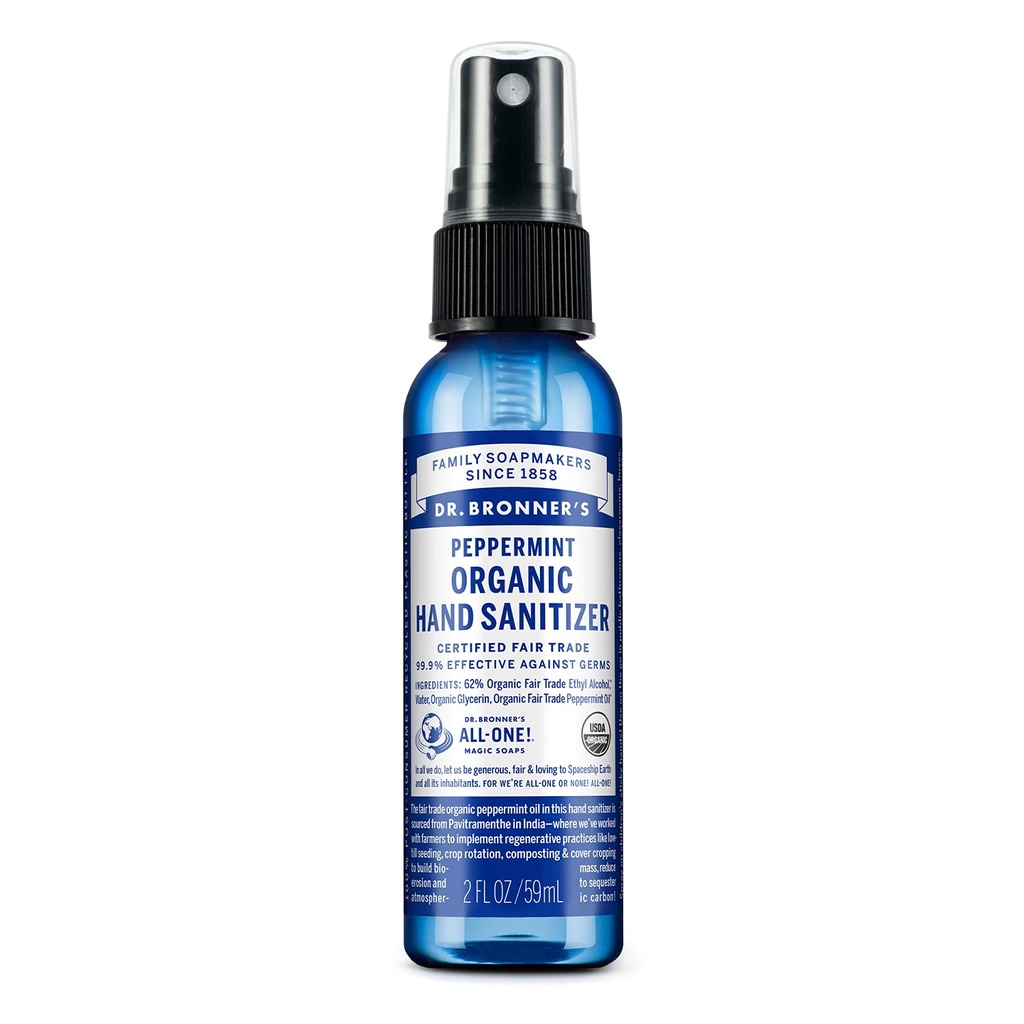 Dr. Bronner's - Organic Hand Sanitizer Spray (Peppermint, 2 ounce) - Eenvoudige en effectieve Formule, Reinigt & Sanitizes, Geen Hard Chemicals, Moisturizes en Reinigt Handen