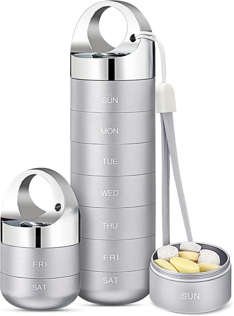 Zannaki Metal Travel Pill Organizer, Portable Waterproof Weekly Pill Box, Grand contenant de boîtier en alliage d'aluminium, BPA gratuit 7 jours de médecine quotidienne Organisateur pour la vitamine, huile de poisson, supplément