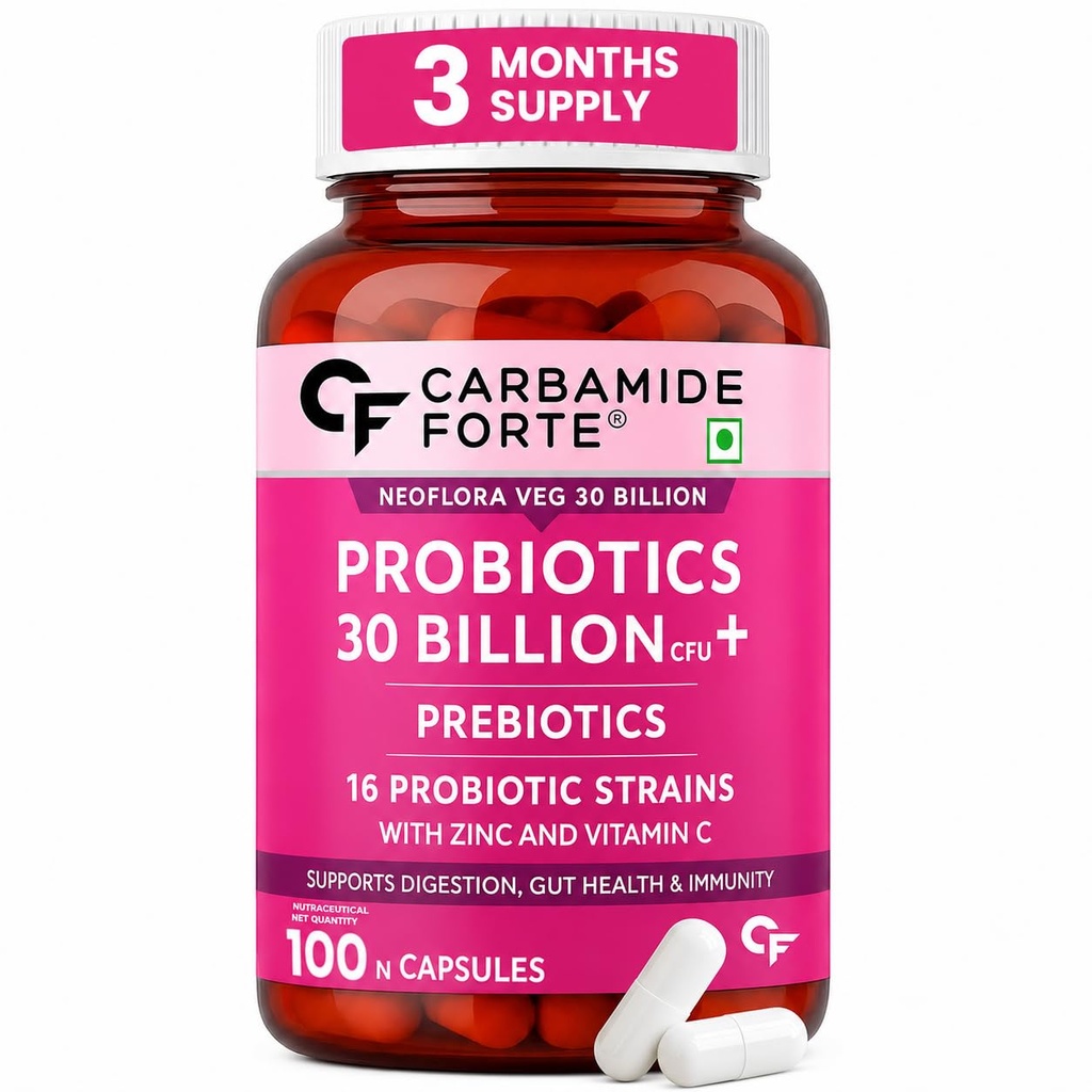 Carbamide Forte 30 Billion CFU Probiotics Supplement with Prebiotics | 16 Probiotic Strains | Daily Probiotic Supplement to support Gut Health & Digestion | 100 Veg Capsules