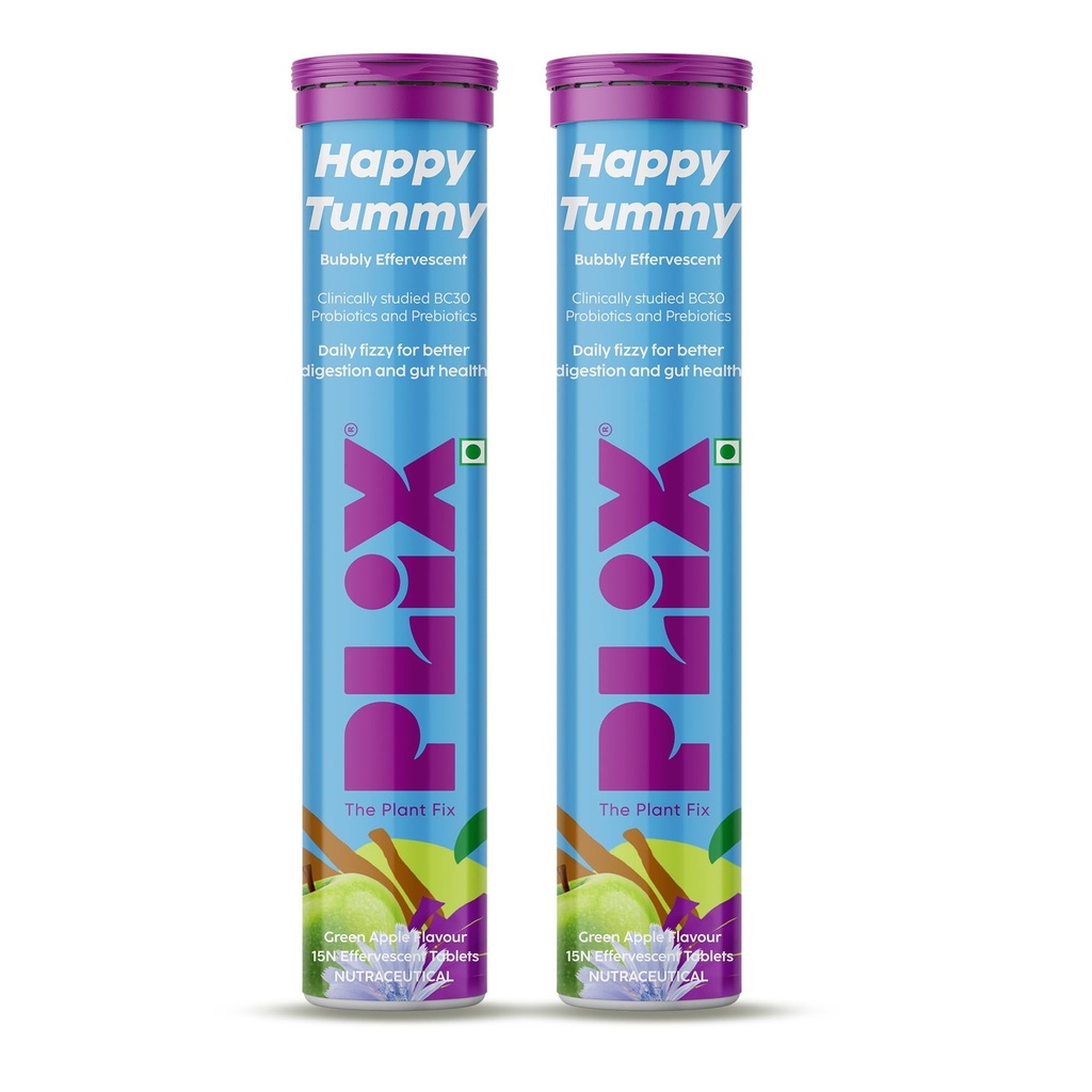 PLIX - THE PLANT FIX Happy Tummy Pre+Probiotic 15 Effervescent Tablets For Good Gut,Digestion,Metabolism With 20 Billion Cfus,Vital Probiotic Strains,Pack Of 2 (Green Apple),2 Count,15 Capsules