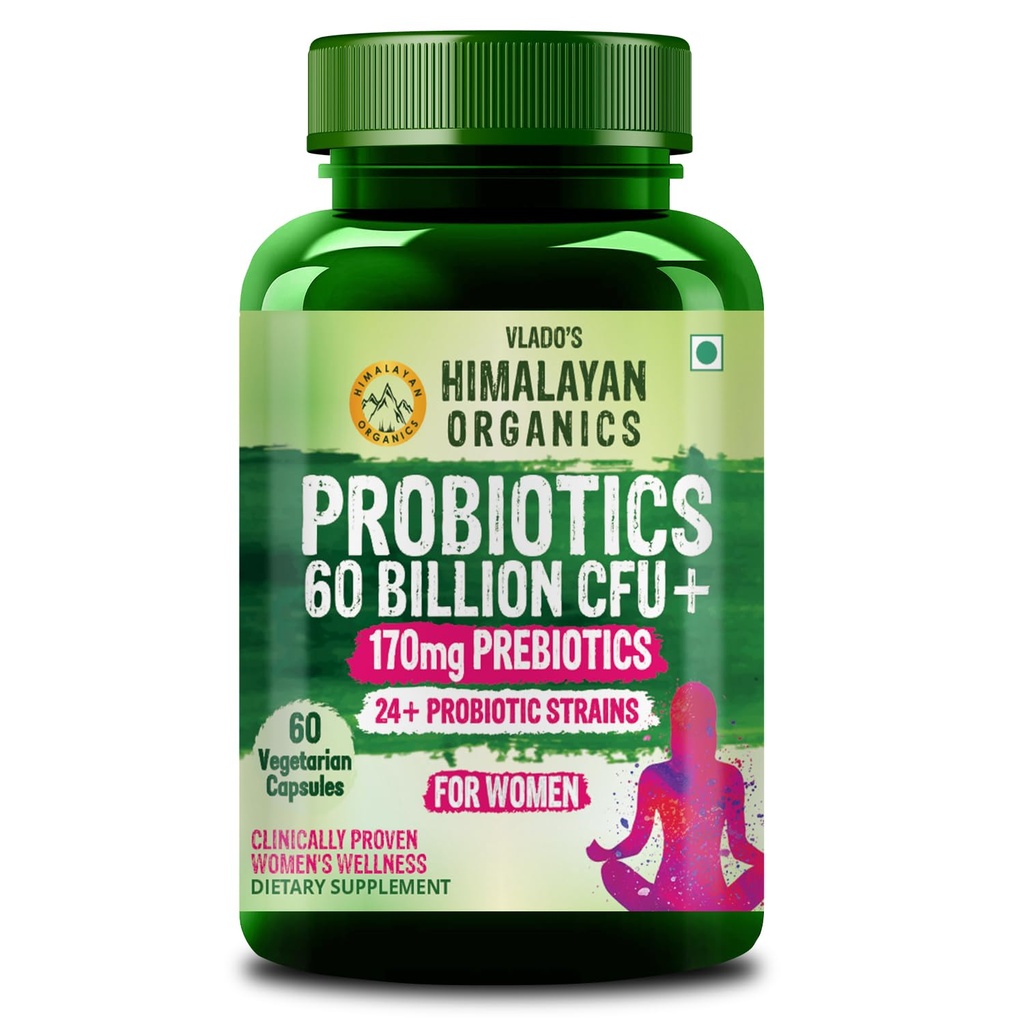 Vlado's Himalayan Organics Probiotics Supplement 60 Billion CFU+ Gut Health Supplements for women | 170mg Prebiotics and 24+ Clinically Proven Strains For Bloating, Gas, Indigestion, IBS, IBD, Gut Health – 60 Capsules for Women