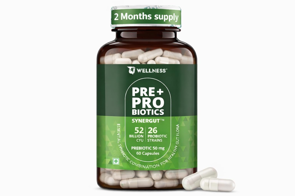 TQ Wellness SYNERGUT Pre & Probiotics Capsules 60 Count | 52 Billion CFU with 26 Strains | Delayed Release Gut Health Supplement for Men & Women | Digestive Support Formula
