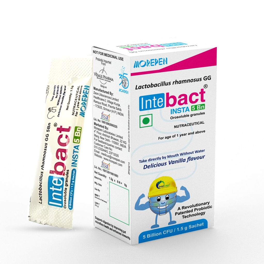 Morepen INTEBACT INSTA 5BN Probiotics Supplement Lactobacillus Bacteria support Gut Digestive Health & Immunity Booster for Men Women 6 Sachets 1.5GM each Vanilla flavour