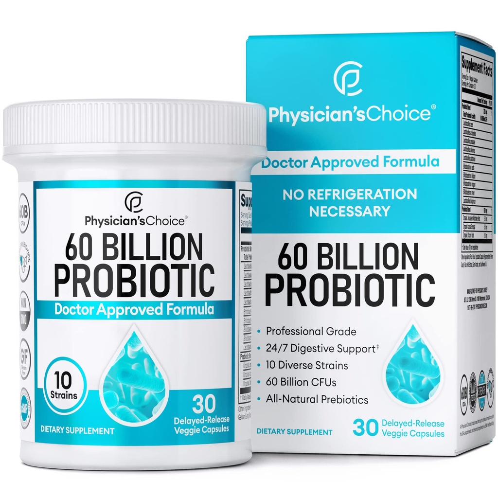 Physician's CHOICE Probiotics 60 Billion CFU | 10 Probiotic Strains + Organic Prebiotics | Digestive, Gut & Immune Health Support | Supports Occasional Gas & Bloating | for Women & Men | 30 Capsules