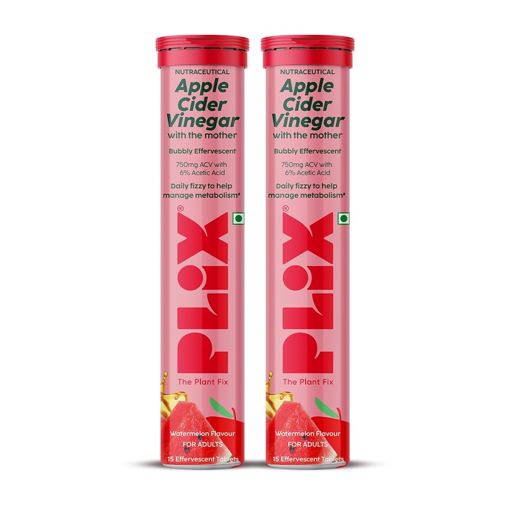 Plix Apple Cider Vinegar Effervescent Tablets Watermelon Flavour | 750mg ACV with The Mother | Supports Digestion & Metabolism | Helps Manage Cravings | Vitamin B6 & B12 | No Added Sugar (Pack Of 2)