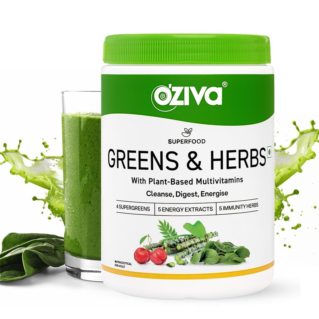 OZiva Superfood Greens & Herbs for Acne Control, Skin Health & Digestion | Daily Greens and 35+ Superfoods, Herbs, Chlorella & Moringa, 200 g